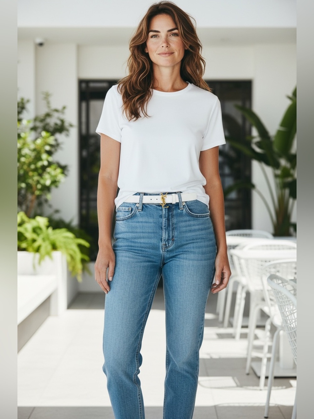 White Leather Belt with Gold Logo Accent